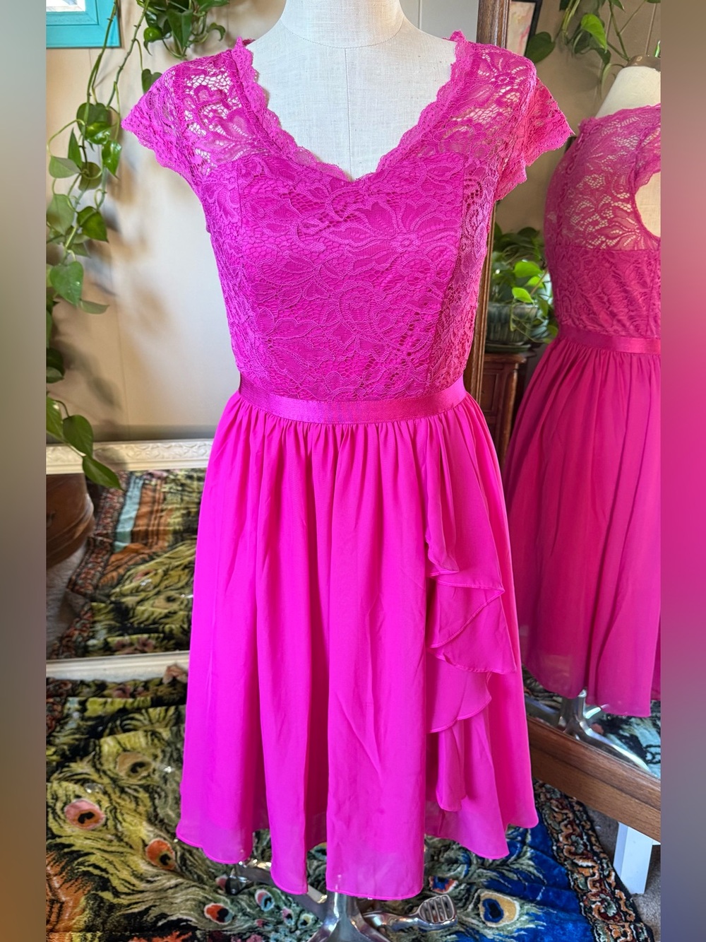 Wedtrend Fuchsia Lace & Chiffon Midi Dress, size L